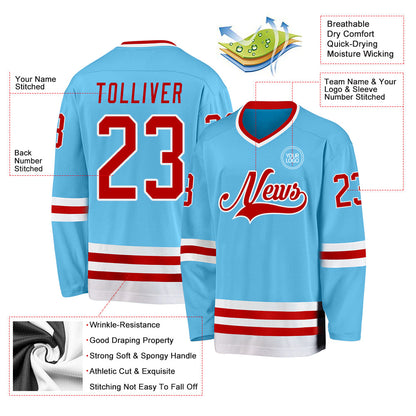 Custom Sky Blue Red-White Hockey Jersey - Sky-Custom