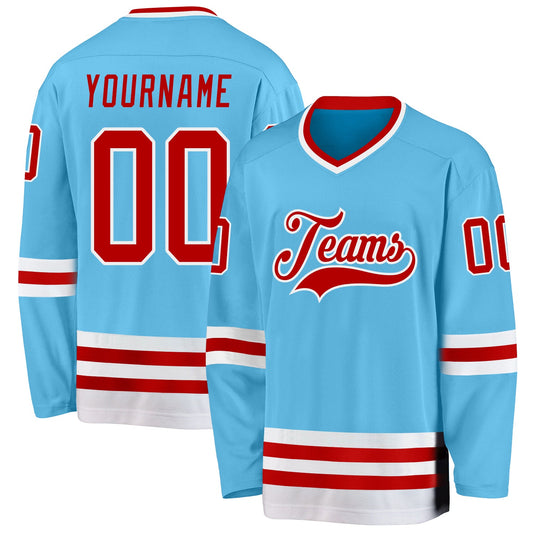 Custom Sky Blue Red-White Hockey Jersey - Sky-Custom