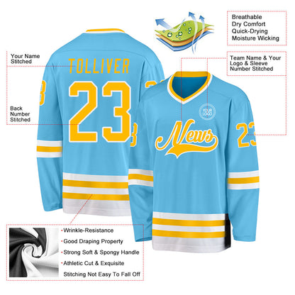 Custom Sky Blue Gold-White Hockey Jersey - Sky-Custom
