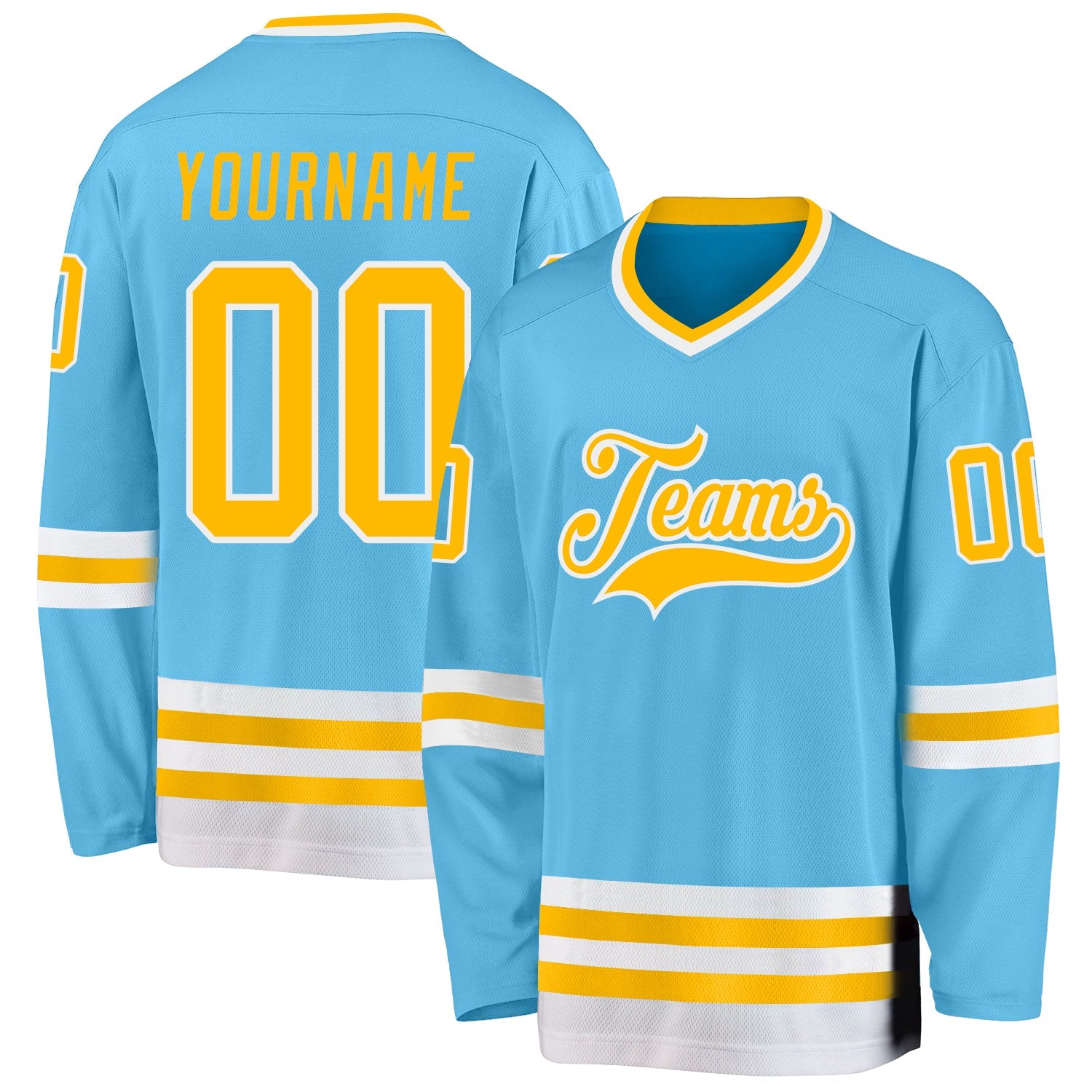 Custom Sky Blue Gold-White Hockey Jersey - Sky-Custom