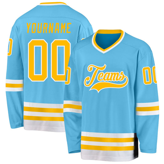 Custom Sky Blue Gold-White Hockey Jersey - Sky-Custom