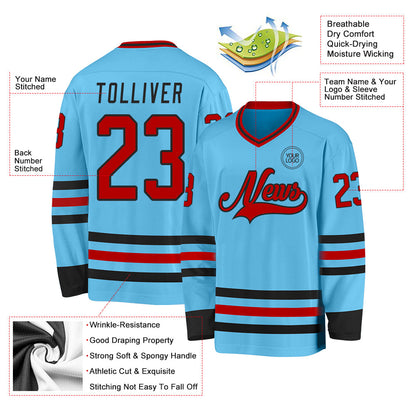 Custom Sky Blue Red-Black Hockey Jersey - Sky-Custom