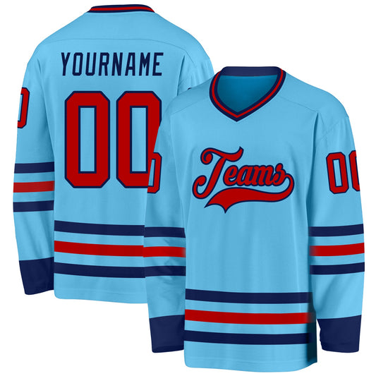 Custom Sky Blue Red-Navy Hockey Jersey - Sky-Custom