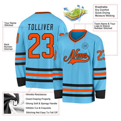 Custom Sky Blue Orange-Black Hockey Jersey - Sky-Custom