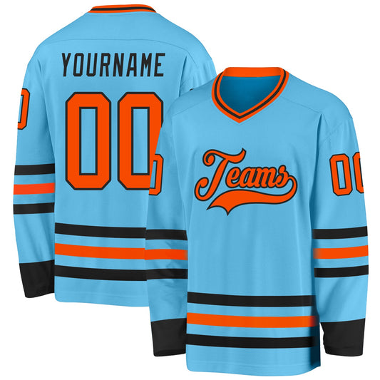 Custom Sky Blue Orange-Black Hockey Jersey - Sky-Custom