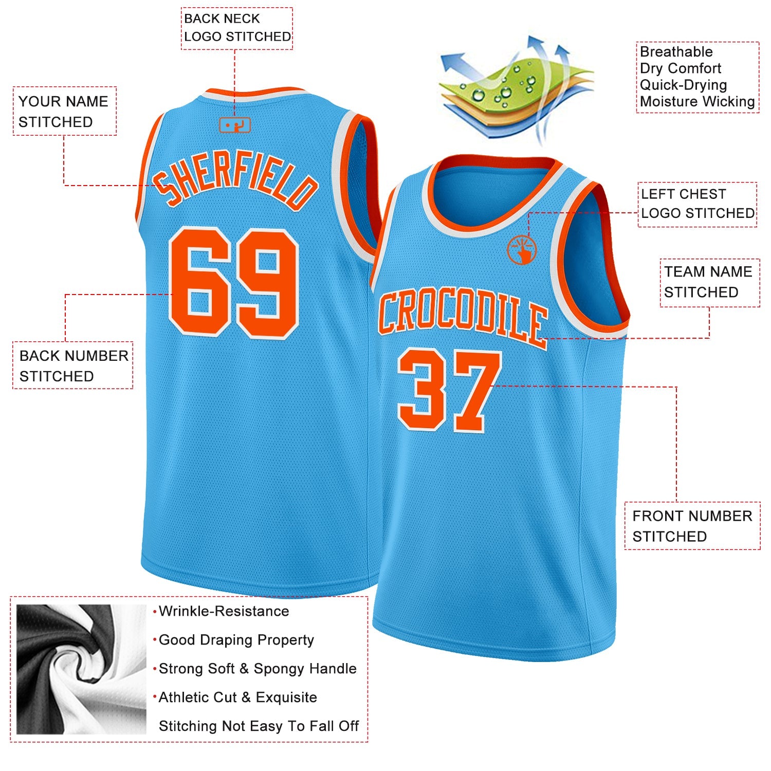 Custom Sky Blue Orange-White Authentic Basketball Jersey - Sky-Custom