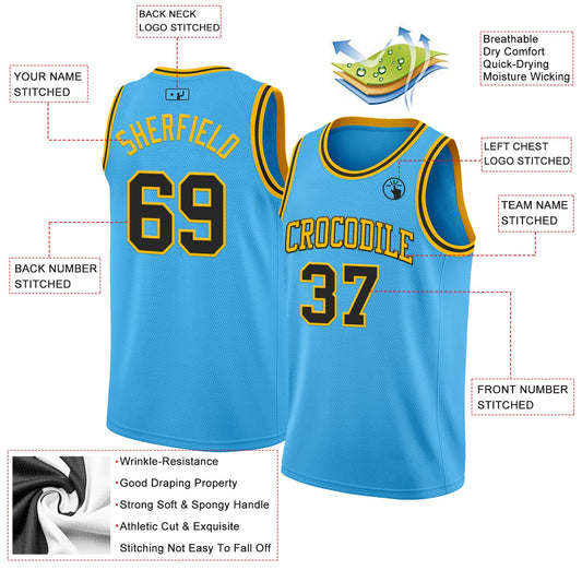 Custom Sky Blue Balck-Gold Authentic Basketball Jersey - Sky-Custom