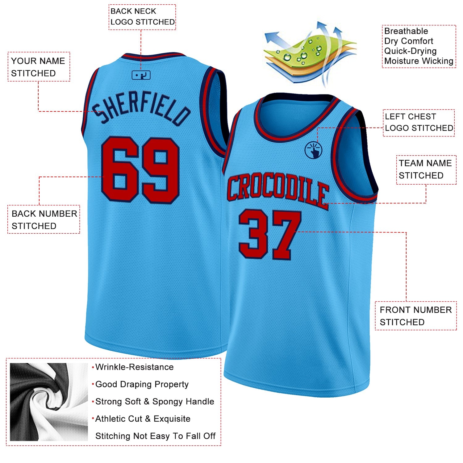 Custom Sky Blue Red-Navy Authentic Basketball Jersey - Sky-Custom
