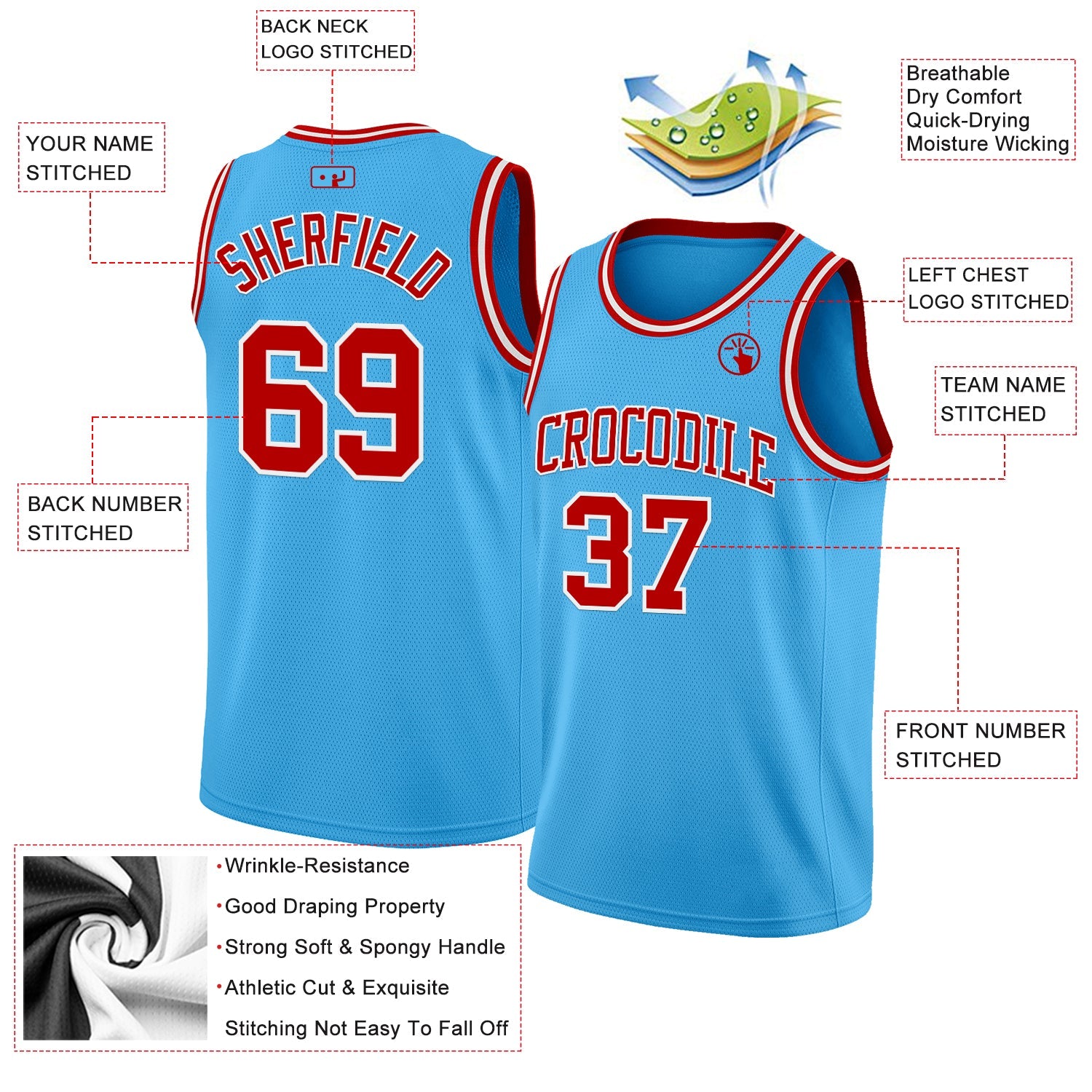 Custom Sky Blue Red-White Authentic Basketball Jersey - Sky-Custom
