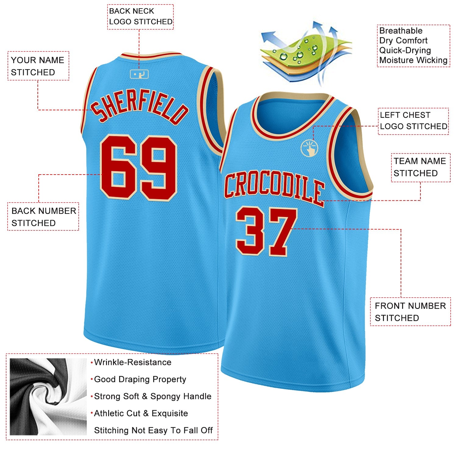 Custom Sky Blue Red-Cream Authentic Basketball Jersey - Sky-Custom
