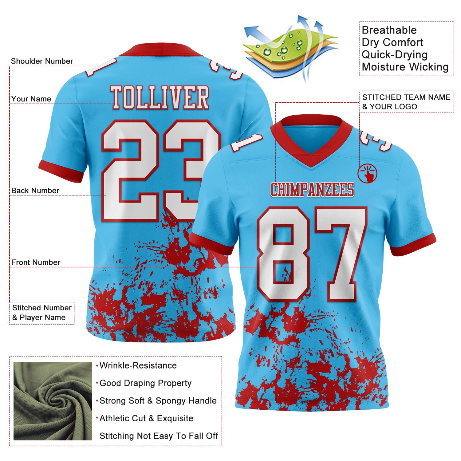 Custom Sky Blue White-Red Splash Mesh Authentic Football Jersey - Sky-Custom