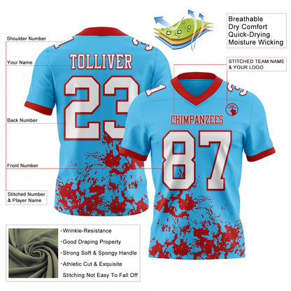 Custom Sky Blue White-Red Splash Mesh Authentic Football Jersey - Sky-Custom