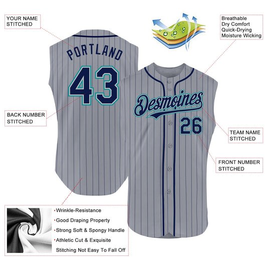 Custom Gray Navy Pinstripe Teal Authentic Sleeveless Baseball Jersey - Sky-Custom