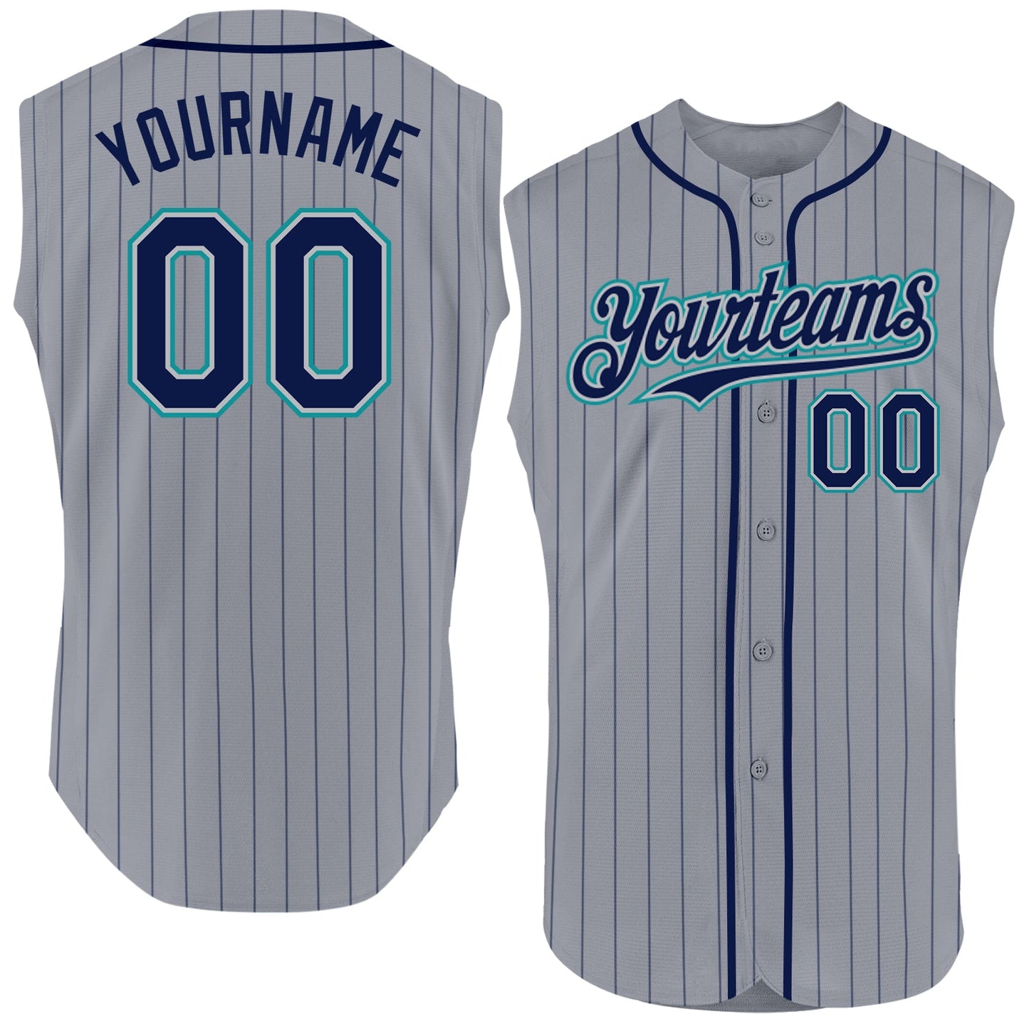 Custom Gray Navy Pinstripe Teal Authentic Sleeveless Baseball Jersey - Sky-Custom