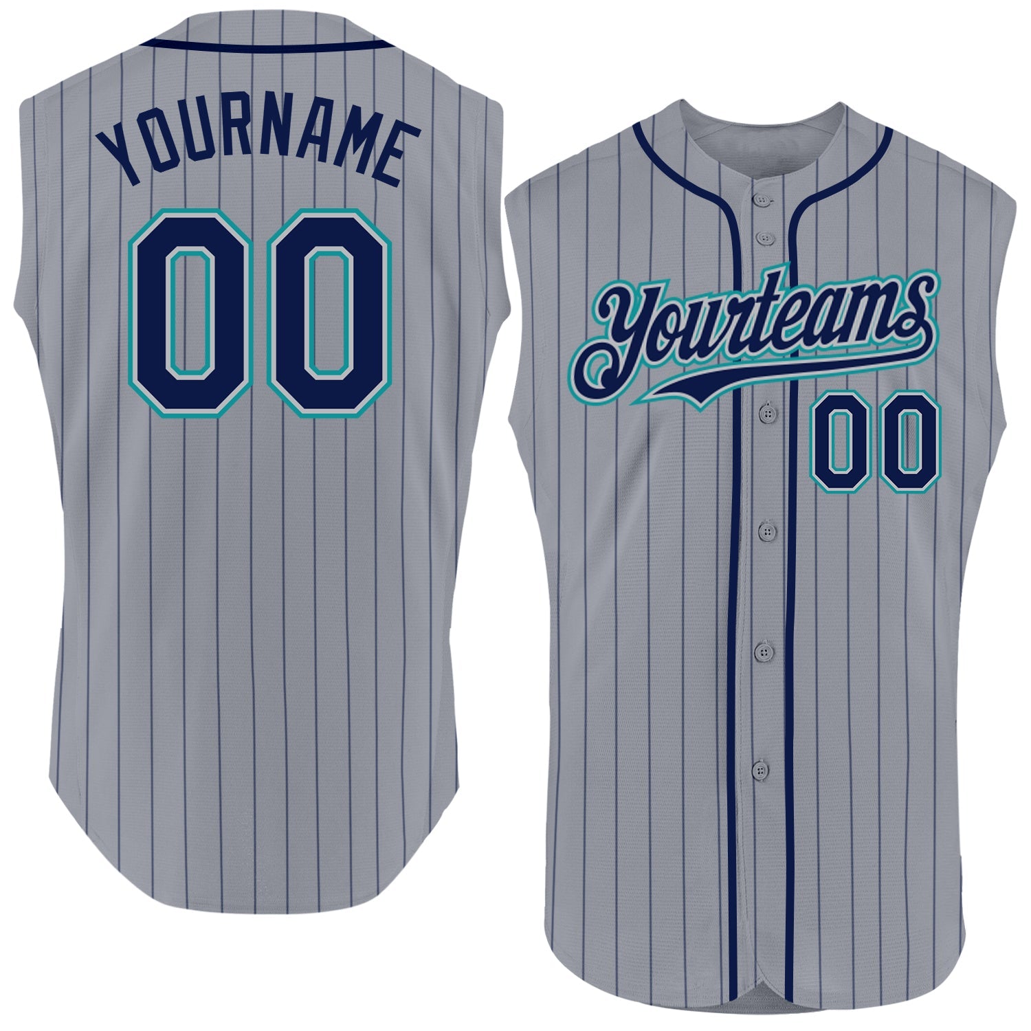 Custom Gray Navy Pinstripe Teal Authentic Sleeveless Baseball Jersey - Sky-Custom