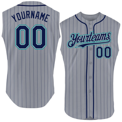 Custom Gray Navy Pinstripe Teal Authentic Sleeveless Baseball Jersey - Sky-Custom