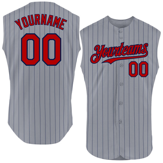 Custom Gray Navy Pinstripe Red Authentic Sleeveless Baseball Jersey - Sky-Custom