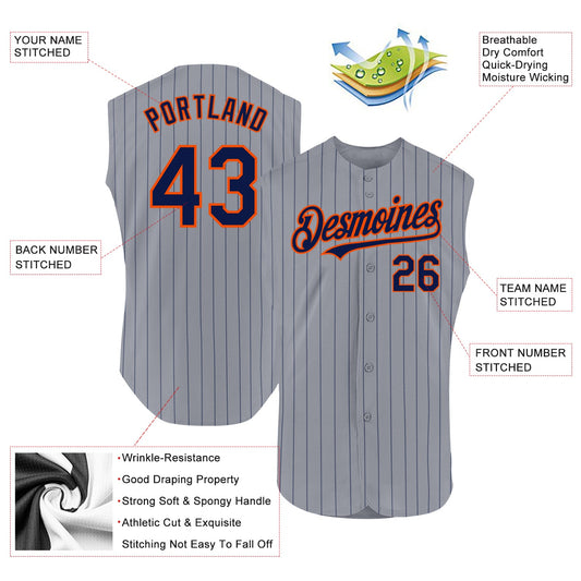 Custom Gray Navy Pinstripe Orange Authentic Sleeveless Baseball Jersey - Sky-Custom