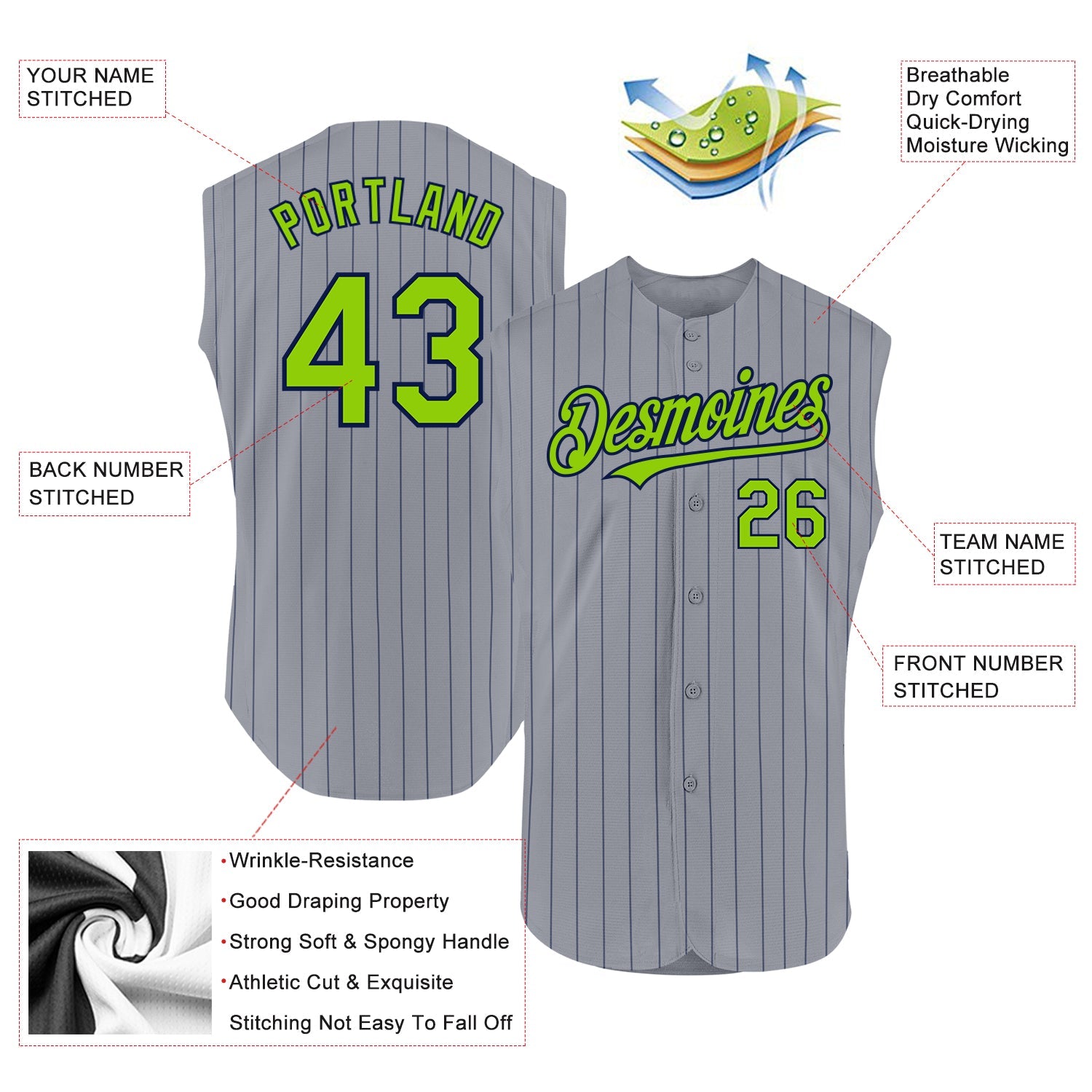 Custom Gray Navy Pinstripe Neon Green Authentic Sleeveless Baseball Jersey - Sky-Custom