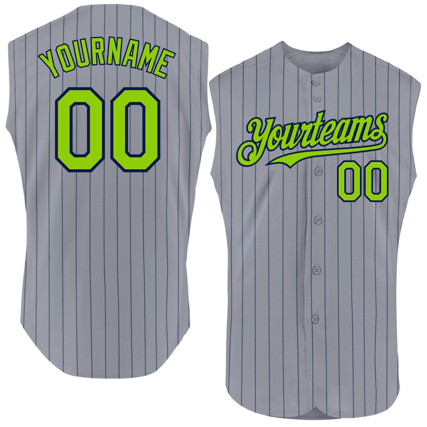 Custom Gray Navy Pinstripe Neon Green Authentic Sleeveless Baseball Jersey - Sky-Custom