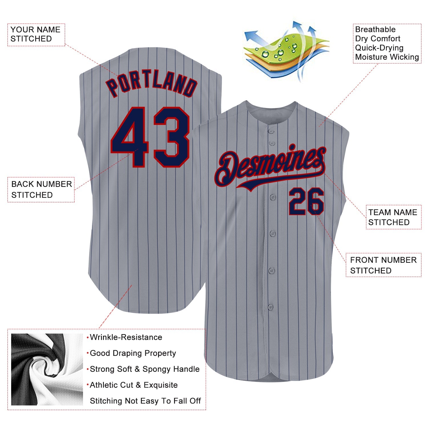 Custom Gray Navy Pinstripe Red Authentic Sleeveless Baseball Jersey - Sky-Custom