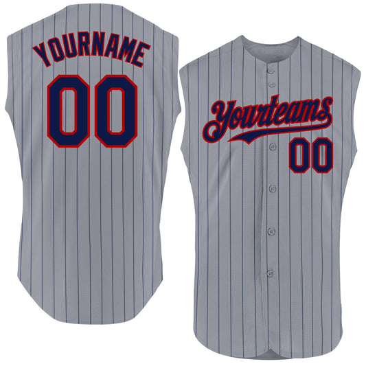 Custom Gray Navy Pinstripe Red Authentic Sleeveless Baseball Jersey - Sky-Custom