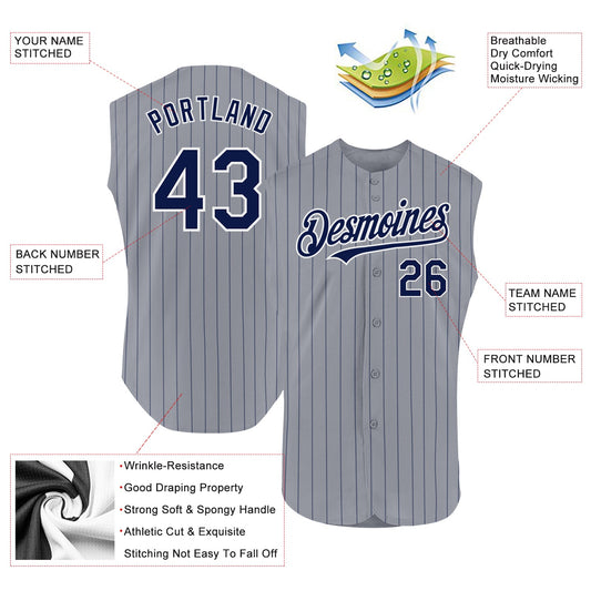 Custom Gray Navy Pinstripe White Authentic Sleeveless Baseball Jersey - Sky-Custom