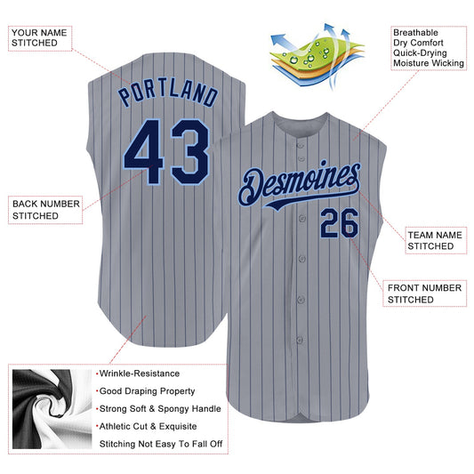 Custom Gray Navy Pinstripe Light Blue Authentic Sleeveless Baseball Jersey - Sky-Custom