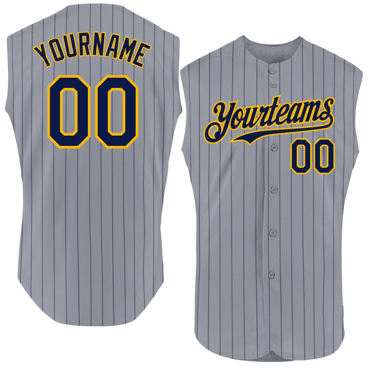 Custom Gray Navy Pinstripe Gold Authentic Sleeveless Baseball Jersey - Sky-Custom