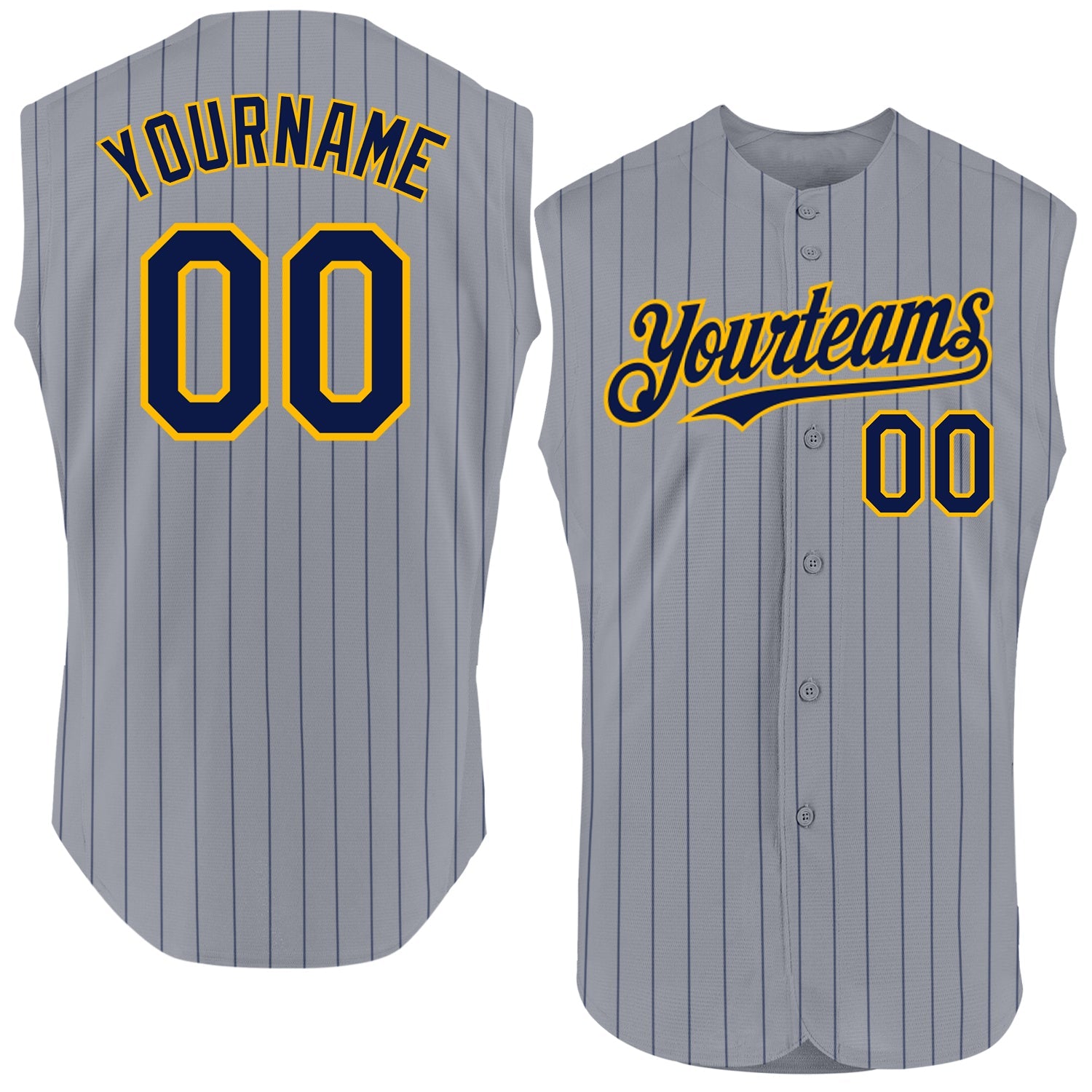 Custom Gray Navy Pinstripe Gold Authentic Sleeveless Baseball Jersey - Sky-Custom