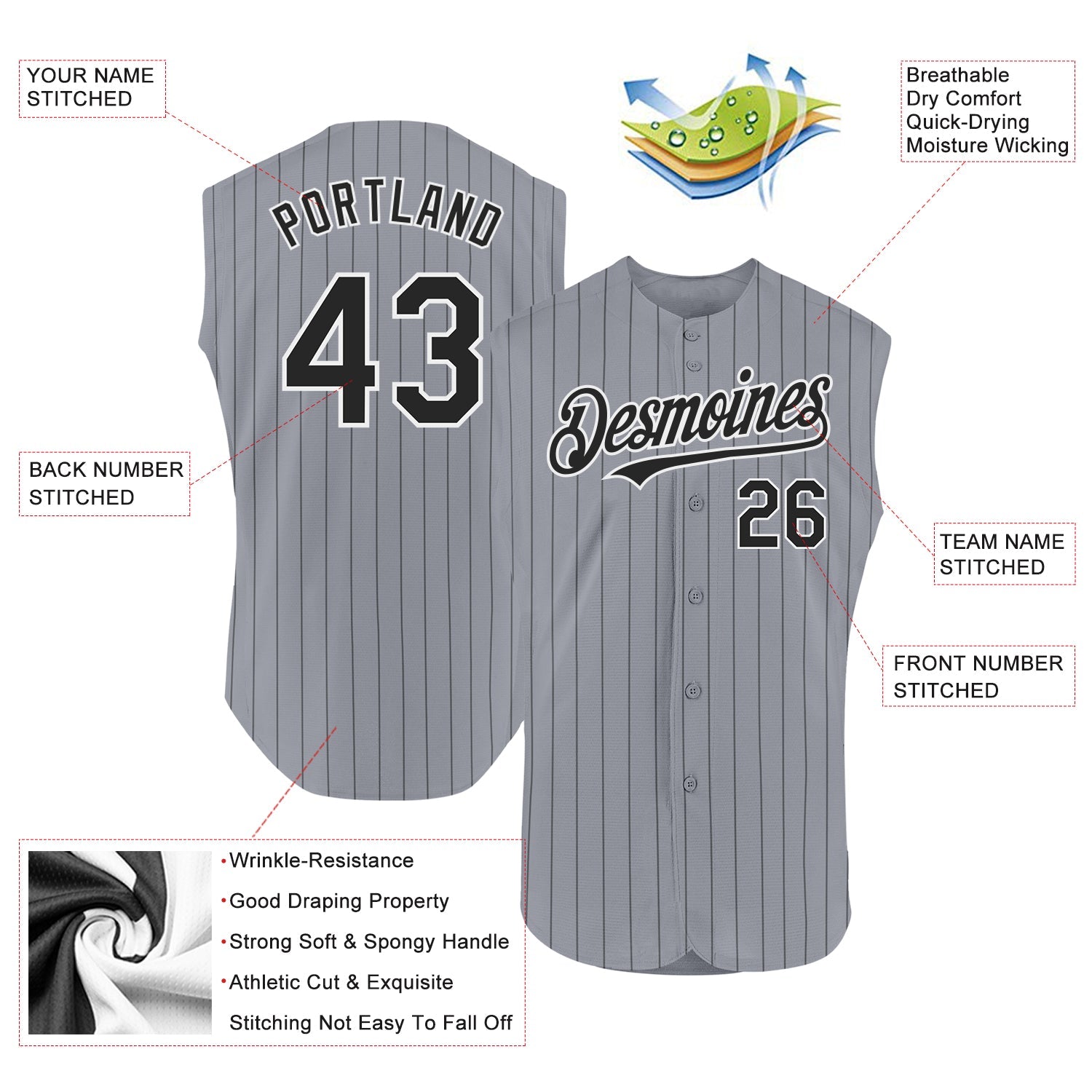 Custom Gray Black Pinstripe White Authentic Sleeveless Baseball Jersey - Sky-Custom