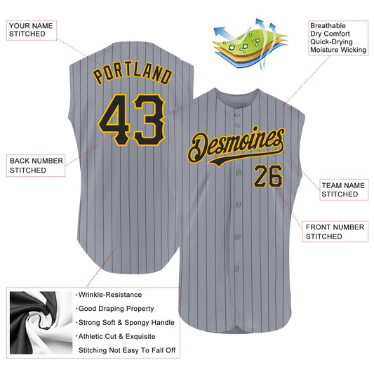 Custom Gray Black Pinstripe Gold Authentic Sleeveless Baseball Jersey - Sky-Custom