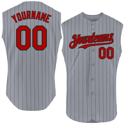 Custom Gray Black Pinstripe Red Authentic Sleeveless Baseball Jersey - Sky-Custom