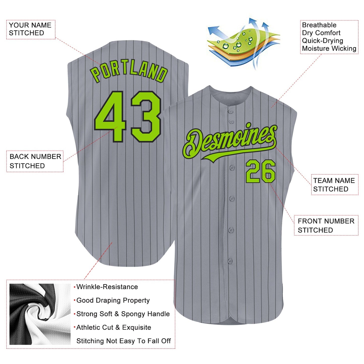 Custom Gray Black Pinstripe Neon Green Authentic Sleeveless Baseball Jersey - Sky-Custom