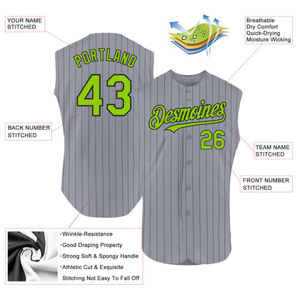 Custom Gray Black Pinstripe Neon Green Authentic Sleeveless Baseball Jersey - Sky-Custom