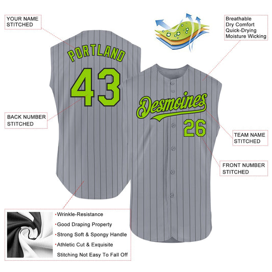 Custom Gray Black Pinstripe Neon Green Authentic Sleeveless Baseball Jersey - Sky-Custom