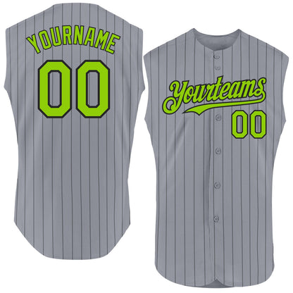 Custom Gray Black Pinstripe Neon Green Authentic Sleeveless Baseball Jersey - Sky-Custom