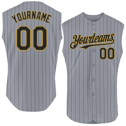Custom Gray Black Pinstripe Old Gold Authentic Sleeveless Baseball Jersey - Sky-Custom