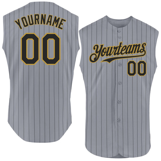 Custom Gray Black Pinstripe Old Gold Authentic Sleeveless Baseball Jersey - Sky-Custom