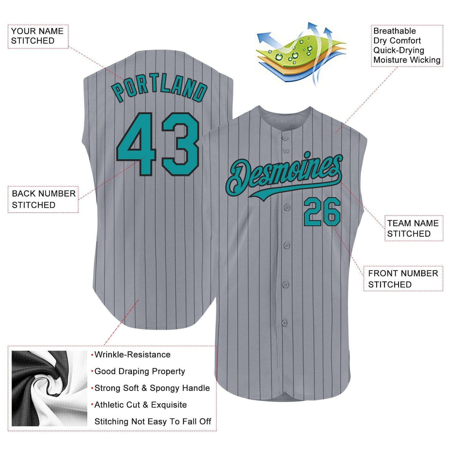 Custom Gray Black Pinstripe Teal Authentic Sleeveless Baseball Jersey - Sky-Custom