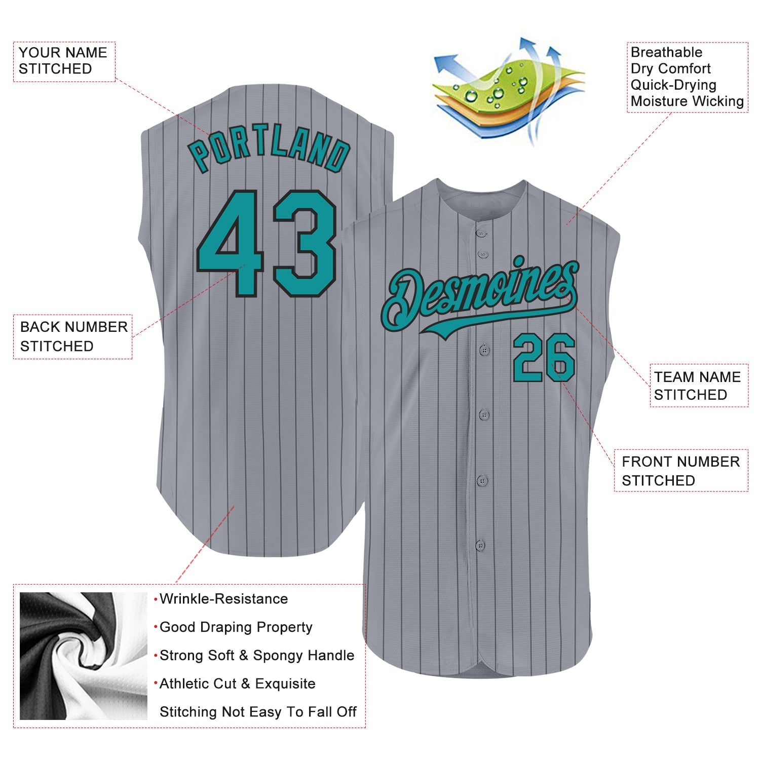 Custom Gray Black Pinstripe Teal Authentic Sleeveless Baseball Jersey - Sky-Custom