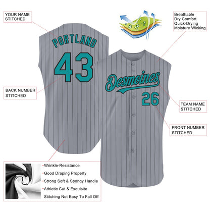 Custom Gray Black Pinstripe Teal Authentic Sleeveless Baseball Jersey - Sky-Custom