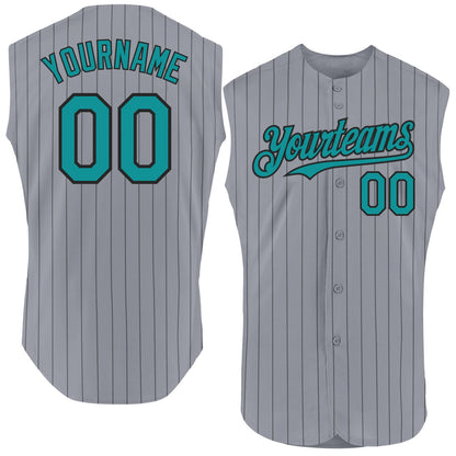 Custom Gray Black Pinstripe Teal Authentic Sleeveless Baseball Jersey - Sky-Custom