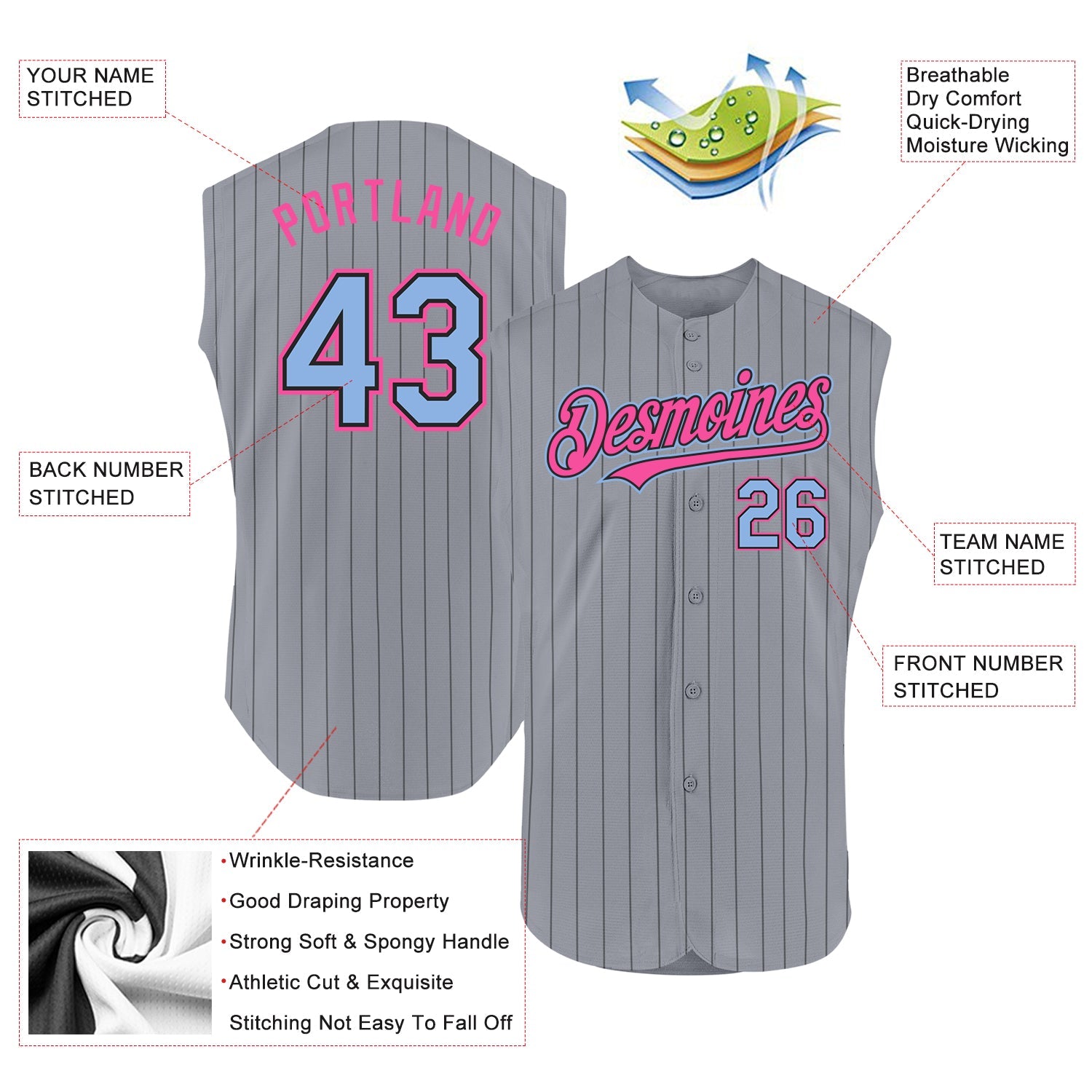 Custom Gray Black Pinstripe Light Blue-Pink Authentic Sleeveless Baseball Jersey - Sky-Custom