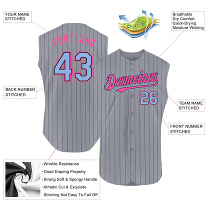 Custom Gray Black Pinstripe Light Blue-Pink Authentic Sleeveless Baseball Jersey - Sky-Custom