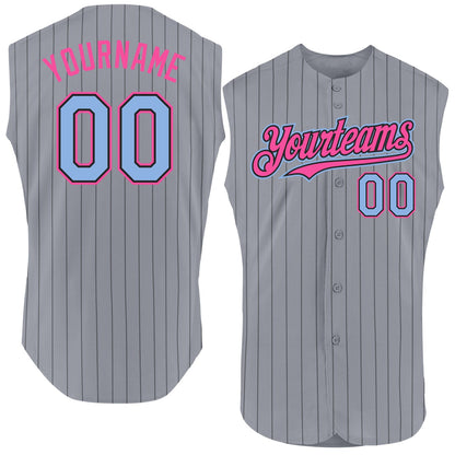 Custom Gray Black Pinstripe Light Blue-Pink Authentic Sleeveless Baseball Jersey - Sky-Custom