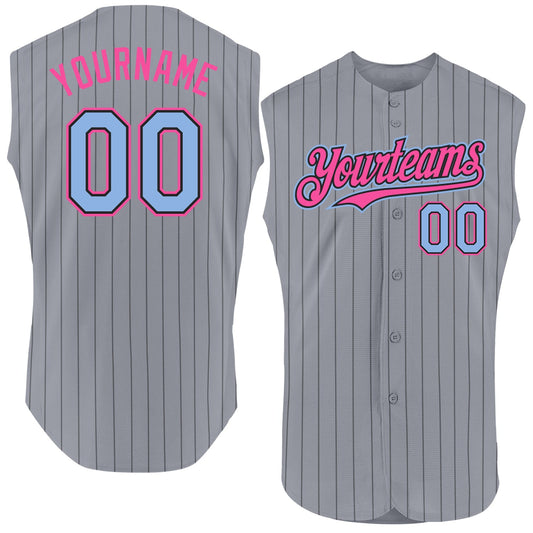 Custom Gray Black Pinstripe Light Blue-Pink Authentic Sleeveless Baseball Jersey - Sky-Custom