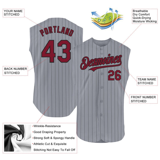 Custom Gray Black Pinstripe Crimson Authentic Sleeveless Baseball Jersey - Sky-Custom