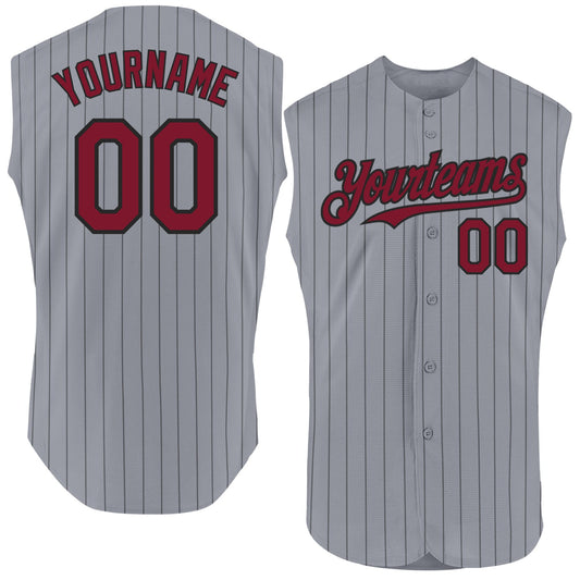 Custom Gray Black Pinstripe Crimson Authentic Sleeveless Baseball Jersey - Sky-Custom