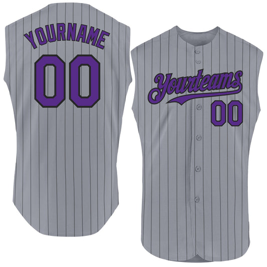 Custom Gray Black Pinstripe Purple Authentic Sleeveless Baseball Jersey - Sky-Custom